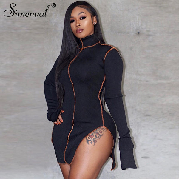 Simenual Side Slit Patchwork Women Casual Dresses Long Sleeve Athleisure Fashion 2021 Bodycon Mini Dress Slim Sporty Clothing