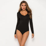 New Women Long Sleeve V Neck Bodysuits Jumpsuit Leotard Tops Stretch Solid Casual Body Femme Fall Winter Womens Clubwear