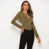 New Women Long Sleeve V Neck Bodysuits Jumpsuit Leotard Tops Stretch Solid Casual Body Femme Fall Winter Womens Clubwear