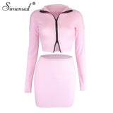 Simenual Ribbed Knitted Zipper Bodycon Two Piece Set Women Long Sleeve Casual Autumn 2021 Outfits Crop Top And Skirt Co-ord Sets