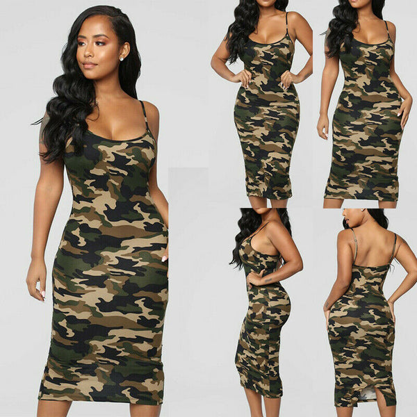 Women Casual Bodycon Sleeveless Dress Summer Ladies Backless Empire Waistline Camo Print Military Army Pencil Dresses
