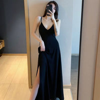 New style small black dress with suspender, sexy and gentle V-neck, retro long black dress with side slit