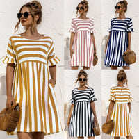 Leosoxs 2021 Summer New Fashion O Neck Women's Dress Casual Loose Solid Short Sleeve Ruffle Patchwork Pocket Ladies Stripe Dress
