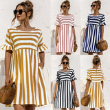 Leosoxs 2021 Summer New Fashion O Neck Women's Dress Casual Loose Solid Short Sleeve Ruffle Patchwork Pocket Ladies Stripe Dress
