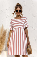 Leosoxs 2021 Summer New Fashion O Neck Women's Dress Casual Loose Solid Short Sleeve Ruffle Patchwork Pocket Ladies Stripe Dress