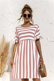 Leosoxs 2021 Summer New Fashion O Neck Women's Dress Casual Loose Solid Short Sleeve Ruffle Patchwork Pocket Ladies Stripe Dress