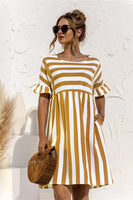 Leosoxs 2021 Summer New Fashion O Neck Women's Dress Casual Loose Solid Short Sleeve Ruffle Patchwork Pocket Ladies Stripe Dress