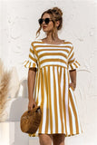 Leosoxs 2021 Summer New Fashion O Neck Women's Dress Casual Loose Solid Short Sleeve Ruffle Patchwork Pocket Ladies Stripe Dress