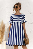Leosoxs 2021 Summer New Fashion O Neck Women's Dress Casual Loose Solid Short Sleeve Ruffle Patchwork Pocket Ladies Stripe Dress