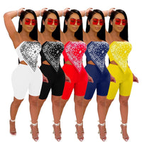 Graphic Bandana Outfit Women Two Piece Club Set Sexy Strapless Cute Handkerchief Crop Top And Biker Shorts Matching Sets Suits