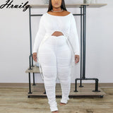Wholesale Fashion Lounge Set Long Sleeve Crop Tops&ruched Long Pants Solid 2 Piece Set Plus Size Casual Women's Clothing Set