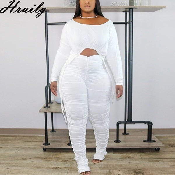 Wholesale Fashion Lounge Set Long Sleeve Crop Tops&ruched Long Pants Solid 2 Piece Set Plus Size Casual Women's Clothing Set