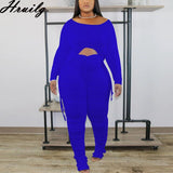 Wholesale Fashion Lounge Set Long Sleeve Crop Tops&ruched Long Pants Solid 2 Piece Set Plus Size Casual Women's Clothing Set