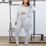 Wholesale Fashion Lounge Set Long Sleeve Crop Tops&ruched Long Pants Solid 2 Piece Set Plus Size Casual Women's Clothing Set