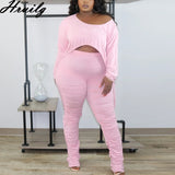 Wholesale Fashion Lounge Set Long Sleeve Crop Tops&ruched Long Pants Solid 2 Piece Set Plus Size Casual Women's Clothing Set