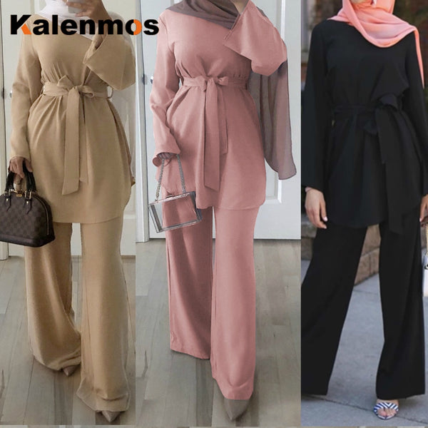 Ramadan Eid Muslim Dress Women Two Pecs Set Blouse Wide Leg Pants Dubai Abaya Spring Party Ropa Kaftan Islamic Turkey African