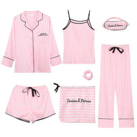 JULY'S SONG Pink 7 Pieces Women's Pajamas Sets Faux Silk Striped Pyjama Women's Pajamas Sleepwear Sets Spring Summer Homewear