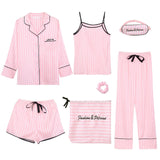 JULY'S SONG Pink 7 Pieces Women's Pajamas Sets Faux Silk Striped Pyjama Women's Pajamas Sleepwear Sets Spring Summer Homewear