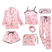 JULY'S SONG Pink 7 Pieces Women's Pajamas Sets Faux Silk Striped Pyjama Women's Pajamas Sleepwear Sets Spring Summer Homewear