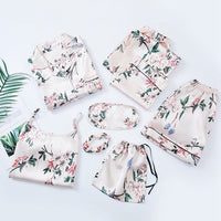 JULY'S SONG Pink 7 Pieces Women's Pajamas Sets Faux Silk Striped Pyjama Women's Pajamas Sleepwear Sets Spring Summer Homewear