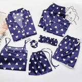 JULY'S SONG Pink 7 Pieces Women's Pajamas Sets Faux Silk Striped Pyjama Women's Pajamas Sleepwear Sets Spring Summer Homewear