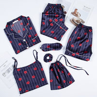 JULY'S SONG Pink 7 Pieces Women's Pajamas Sets Faux Silk Striped Pyjama Women's Pajamas Sleepwear Sets Spring Summer Homewear