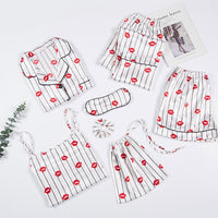 JULY'S SONG Pink 7 Pieces Women's Pajamas Sets Faux Silk Striped Pyjama Women's Pajamas Sleepwear Sets Spring Summer Homewear