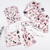 JULY'S SONG Pink 7 Pieces Women's Pajamas Sets Faux Silk Striped Pyjama Women's Pajamas Sleepwear Sets Spring Summer Homewear