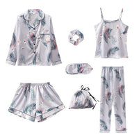 JULY'S SONG Pink 7 Pieces Women's Pajamas Sets Faux Silk Striped Pyjama Women's Pajamas Sleepwear Sets Spring Summer Homewear