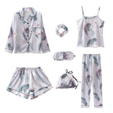 JULY'S SONG Pink 7 Pieces Women's Pajamas Sets Faux Silk Striped Pyjama Women's Pajamas Sleepwear Sets Spring Summer Homewear