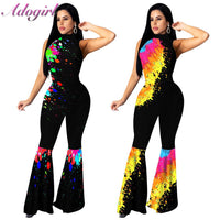 Women Painting Print Sleeveless Backless Ruffles Wide Leg Flare Jumpsuit Sexy Party Night Club One Piece Rompers Outfit Overalls