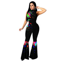 Women Painting Print Sleeveless Backless Ruffles Wide Leg Flare Jumpsuit Sexy Party Night Club One Piece Rompers Outfit Overalls