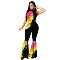 Women Painting Print Sleeveless Backless Ruffles Wide Leg Flare Jumpsuit Sexy Party Night Club One Piece Rompers Outfit Overalls