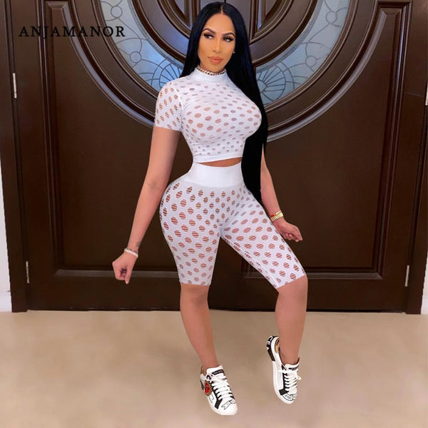 ANJAMANOR Sexy Womens Sets New Arrival 2021 Hollow Out Biker Shorts Crop Top Cute Summer Outfits Jogging Suits Tracksuit D29CE28