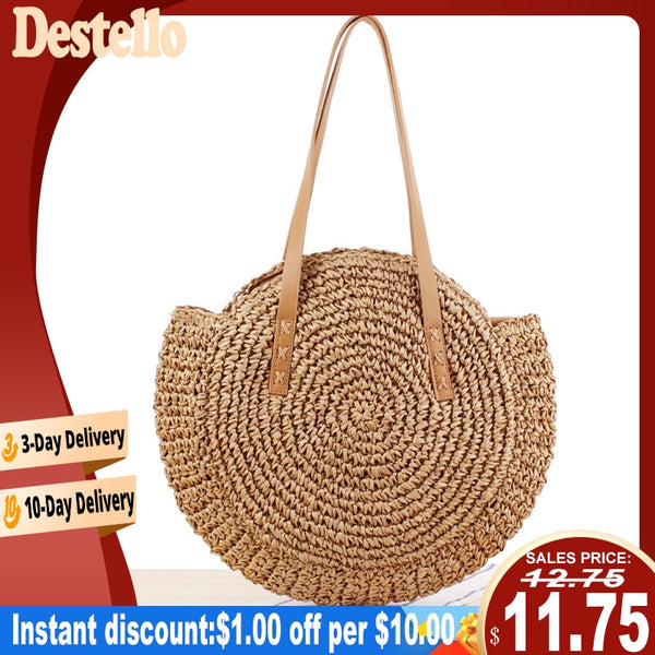 2020 Summer Round Straw Bags for Women Rattan Shoulder Bag Handmade Woven Beach Handbags Female Message Handbag Totes Bag