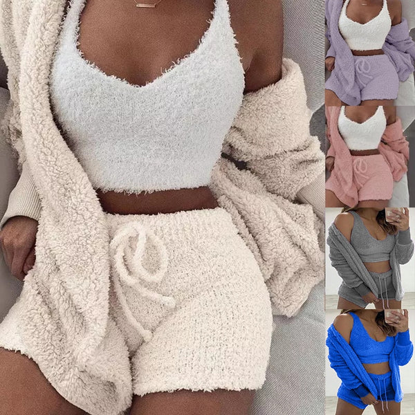 Three Piece Sexy Fluffy Sets Velvet Plush Hooded Cardigan Coat+Shorts+Crop Top Women Tracksuit Casual Sports Overalls Sweatshirt