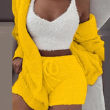 Three Piece Sexy Fluffy Sets Velvet Plush Hooded Cardigan Coat+Shorts+Crop Top Women Tracksuit Casual Sports Overalls Sweatshirt