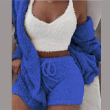 Three Piece Sexy Fluffy Sets Velvet Plush Hooded Cardigan Coat+Shorts+Crop Top Women Tracksuit Casual Sports Overalls Sweatshirt