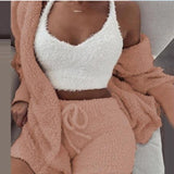 Three Piece Sexy Fluffy Sets Velvet Plush Hooded Cardigan Coat+Shorts+Crop Top Women Tracksuit Casual Sports Overalls Sweatshirt