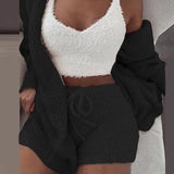 Three Piece Sexy Fluffy Sets Velvet Plush Hooded Cardigan Coat+Shorts+Crop Top Women Tracksuit Casual Sports Overalls Sweatshirt