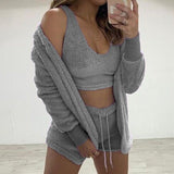 Three Piece Sexy Fluffy Sets Velvet Plush Hooded Cardigan Coat+Shorts+Crop Top Women Tracksuit Casual Sports Overalls Sweatshirt