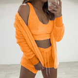Three Piece Sexy Fluffy Sets Velvet Plush Hooded Cardigan Coat+Shorts+Crop Top Women Tracksuit Casual Sports Overalls Sweatshirt