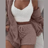 Three Piece Sexy Fluffy Sets Velvet Plush Hooded Cardigan Coat+Shorts+Crop Top Women Tracksuit Casual Sports Overalls Sweatshirt