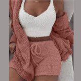 Three Piece Sexy Fluffy Sets Velvet Plush Hooded Cardigan Coat+Shorts+Crop Top Women Tracksuit Casual Sports Overalls Sweatshirt