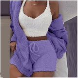 Three Piece Sexy Fluffy Sets Velvet Plush Hooded Cardigan Coat+Shorts+Crop Top Women Tracksuit Casual Sports Overalls Sweatshirt