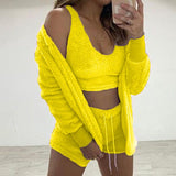 Three Piece Sexy Fluffy Sets Velvet Plush Hooded Cardigan Coat+Shorts+Crop Top Women Tracksuit Casual Sports Overalls Sweatshirt