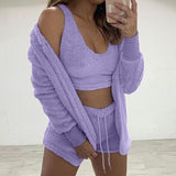 Three Piece Sexy Fluffy Sets Velvet Plush Hooded Cardigan Coat+Shorts+Crop Top Women Tracksuit Casual Sports Overalls Sweatshirt