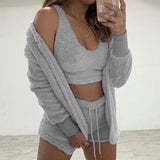 Three Piece Sexy Fluffy Sets Velvet Plush Hooded Cardigan Coat+Shorts+Crop Top Women Tracksuit Casual Sports Overalls Sweatshirt