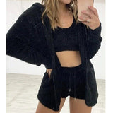 Three Piece Sexy Fluffy Sets Velvet Plush Hooded Cardigan Coat+Shorts+Crop Top Women Tracksuit Casual Sports Overalls Sweatshirt