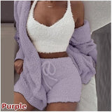 Three Piece Sexy Fluffy Sets Velvet Plush Hooded Cardigan Coat+Shorts+Crop Top Women Tracksuit Casual Sports Overalls Sweatshirt